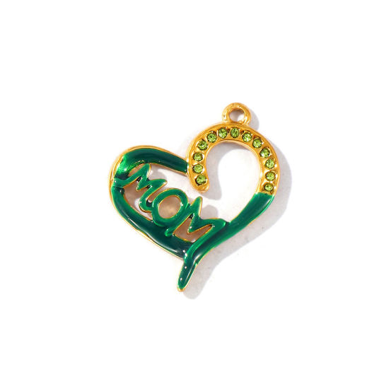 Picture of 2 PCs Eco-friendly PVD Waterproof Anti-Tarnish Hypoallergenic 304 Stainless Steel Mother's Day Charms Wholesale 18K Real Gold Plated Green Enamel Heart Message " Mom " Green Rhinestone 23mm x 22mm