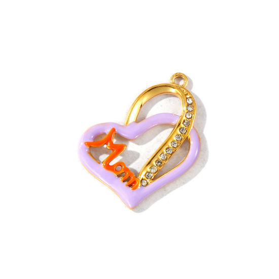 Picture of 2 PCs Eco-friendly PVD Waterproof Anti-Tarnish Hypoallergenic 304 Stainless Steel Mother's Day Charms Wholesale 18K Real Gold Plated Purple Enamel Heart Message " Mom " Clear Rhinestone 27mm x 23mm