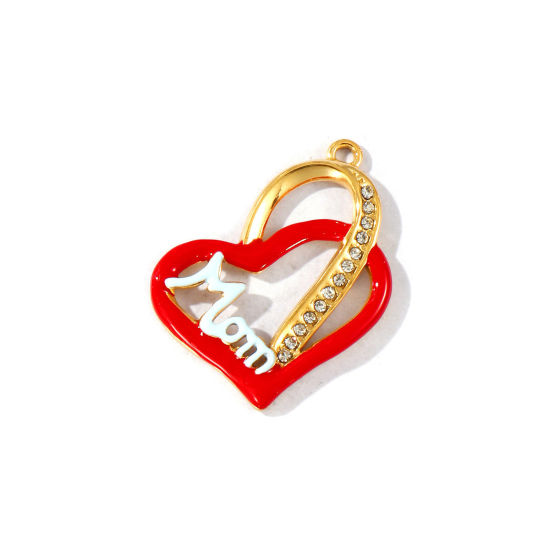 Picture of 2 PCs Eco-friendly PVD Waterproof Anti-Tarnish Hypoallergenic 304 Stainless Steel Mother's Day Charms Wholesale 18K Real Gold Plated Red Enamel Heart Message " Mom " Clear Rhinestone 27mm x 23mm
