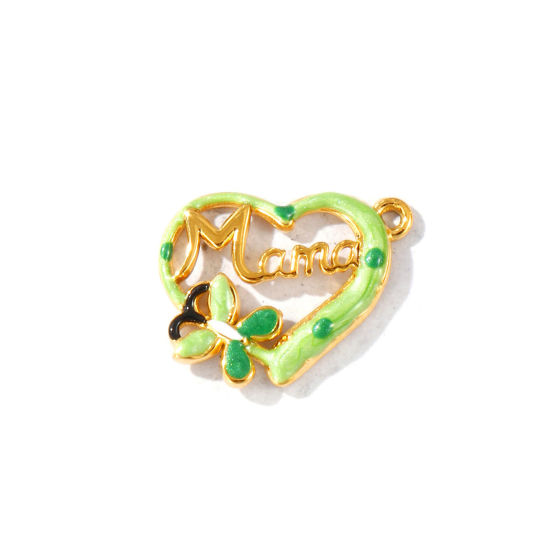 Picture of 2 PCs Eco-friendly PVD Waterproof Anti-Tarnish Hypoallergenic 304 Stainless Steel Mother's Day Charms Wholesale 18K Real Gold Plated Green Enamel Heart Butterfly Message " Mama " 21mm x 16.5mm