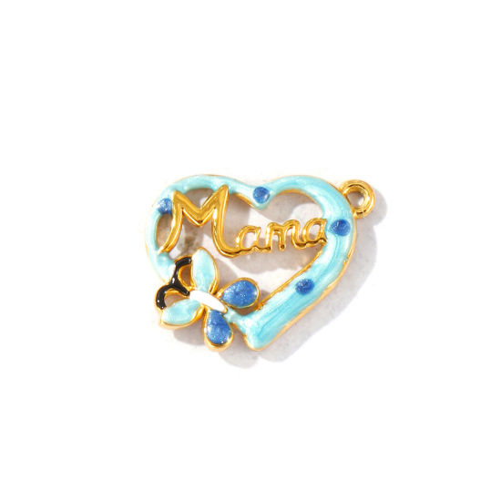 Picture of 2 PCs Eco-friendly PVD Waterproof Anti-Tarnish Hypoallergenic 304 Stainless Steel Mother's Day Charms Wholesale 18K Real Gold Plated Blue Enamel Heart Butterfly Message " Mama " 21mm x 16.5mm