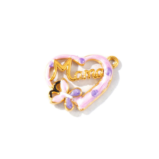 Picture of 2 PCs Eco-friendly PVD Waterproof Anti-Tarnish Hypoallergenic 304 Stainless Steel Mother's Day Charms Wholesale 18K Real Gold Plated Pink Enamel Heart Butterfly Message " Mama " 21mm x 16.5mm
