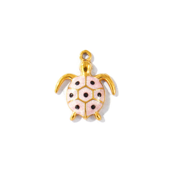 Image de 5 Pcs Breloques En Gros en 304 Acier Inoxydable PVD Écologique Imperméable Anti-Tarnissure Hypoallergénique Bijoux d'Océan Plaqué Or Véritable 18K Rose Émail Tortue Perlaire 16mm x 14mm