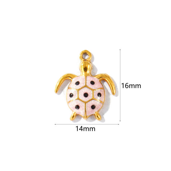 Image de 5 Pcs Breloques En Gros en 304 Acier Inoxydable PVD Écologique Imperméable Anti-Tarnissure Hypoallergénique Bijoux d'Océan Plaqué Or Véritable 18K Rose Émail Tortue Perlaire 16mm x 14mm