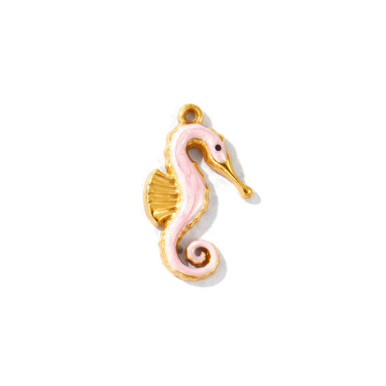 Image de 5 Pcs Breloques En Gros en 304 Acier Inoxydable PVD Écologique Imperméable Anti-Tarnissure Hypoallergénique Bijoux d'Océan Plaqué Or Véritable 18K Rose Émail Cheval de Mer Perlaire 20mm x 12mm