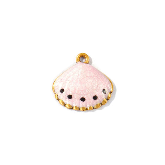 Image de 5 Pcs Breloques En Gros en 304 Acier Inoxydable PVD Écologique Imperméable Anti-Tarnissure Hypoallergénique Bijoux d'Océan Plaqué Or Véritable 18K Rose Émail Coquille Perlaire 14mm x 13mm