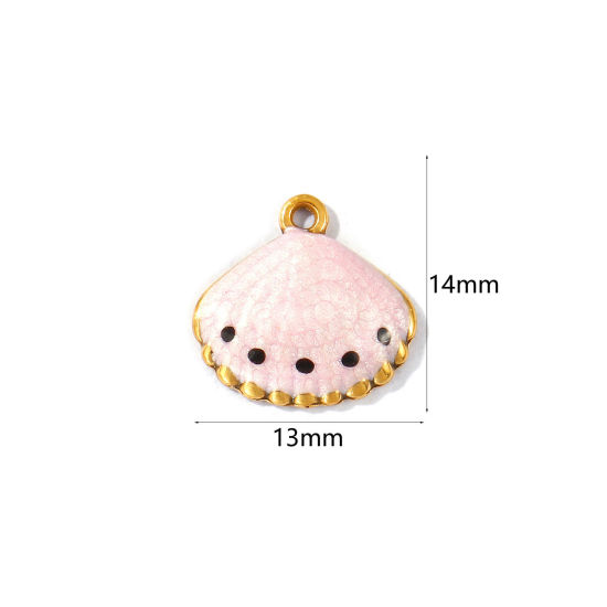 Image de 5 Pcs Breloques En Gros en 304 Acier Inoxydable PVD Écologique Imperméable Anti-Tarnissure Hypoallergénique Bijoux d'Océan Plaqué Or Véritable 18K Rose Émail Coquille Perlaire 14mm x 13mm