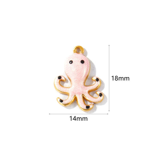 Image de 5 Pcs Breloques En Gros en 304 Acier Inoxydable PVD Écologique Imperméable Anti-Tarnissure Hypoallergénique Bijoux d'Océan Plaqué Or Véritable 18K Rose Émail Poulpe Perlaire 18mm x 14mm