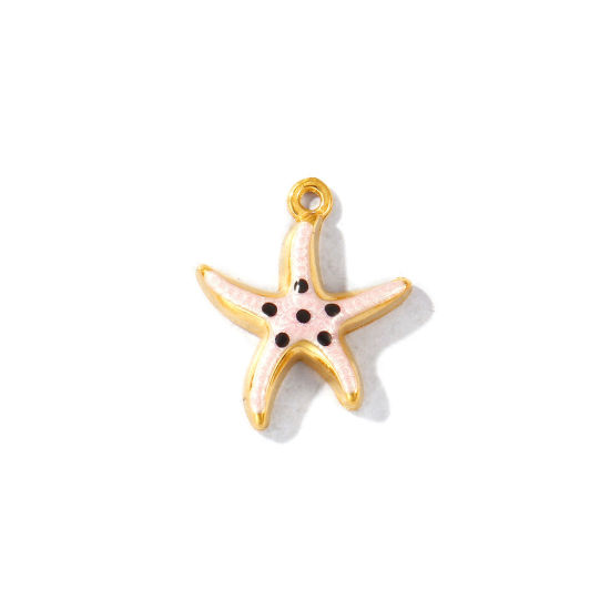 Image de 5 Pcs Breloques En Gros en 304 Acier Inoxydable PVD Écologique Imperméable Anti-Tarnissure Hypoallergénique Bijoux d'Océan Plaqué Or Véritable 18K Rose Émail Etoile de Mer Perlaire 16mm x 14mm
