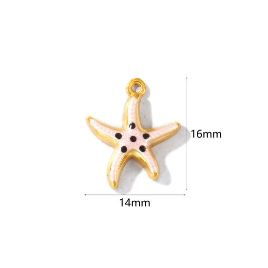 Image de 5 Pcs Breloques En Gros en 304 Acier Inoxydable PVD Écologique Imperméable Anti-Tarnissure Hypoallergénique Bijoux d'Océan Plaqué Or Véritable 18K Rose Émail Etoile de Mer Perlaire 16mm x 14mm