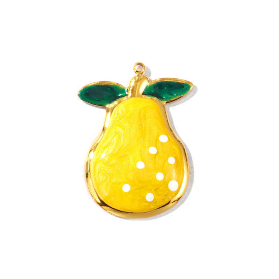 Picture of 2 PCs Eco-friendly PVD Waterproof Anti-Tarnish Hypoallergenic 304 Stainless Steel Pendants Wholesale 18K Real Gold Plated Yellow Enamel Pear Fruit Pearlized 3.6cm x 2.6cm