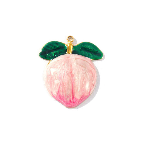 Picture of 2 PCs Eco-friendly PVD Waterproof Anti-Tarnish Hypoallergenic 304 Stainless Steel Pendants Wholesale 18K Real Gold Plated Pink Enamel Peach Fruit Pearlized 3cm x 2.6cm