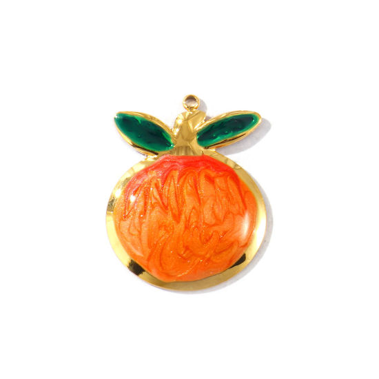 Picture of 2 PCs Eco-friendly PVD Waterproof Anti-Tarnish Hypoallergenic 304 Stainless Steel Pendants Wholesale 18K Real Gold Plated Orange Enamel Tangerine Fruit Pearlized 3.3cm x 2.6cm