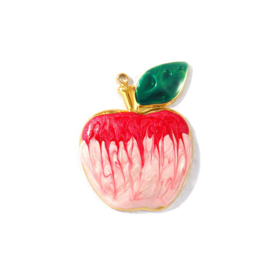 Picture of 2 PCs Eco-friendly PVD Waterproof Anti-Tarnish Hypoallergenic 304 Stainless Steel Pendants Wholesale 18K Real Gold Plated Pink Enamel Apple Fruit Pearlized 3.5cm x 2.6cm