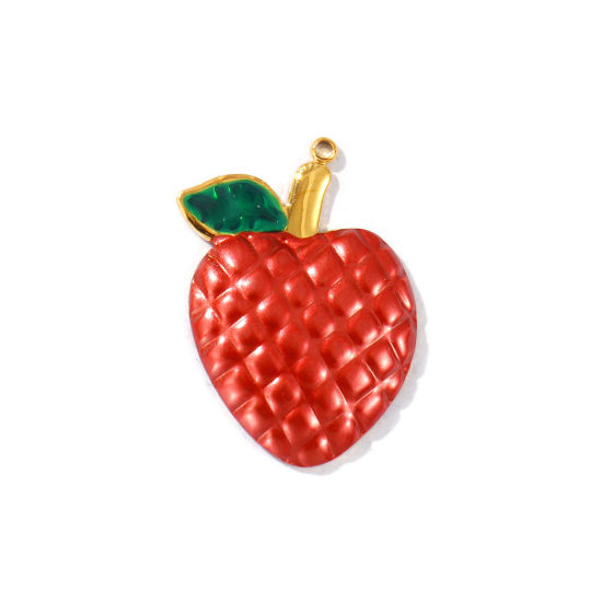 Picture of 2 PCs Eco-friendly PVD Waterproof Anti-Tarnish Hypoallergenic 304 Stainless Steel Pendants Wholesale 18K Real Gold Plated Red Enamel Strawberry Fruit 3.6cm x 2.6cm