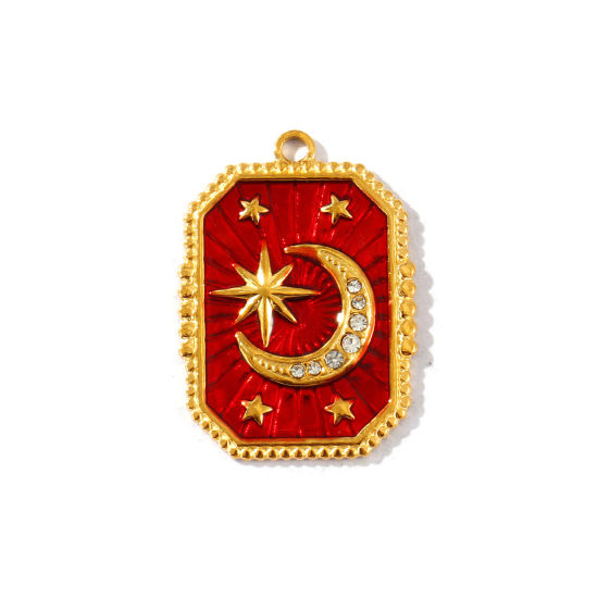 Picture of 2 PCs Eco-friendly PVD Waterproof Anti-Tarnish Hypoallergenic 304 Stainless Steel Galaxy Charms Wholesale 18K Real Gold Plated Red Enamel Octagon Moon Clear Rhinestone 29mm x 20.5mm