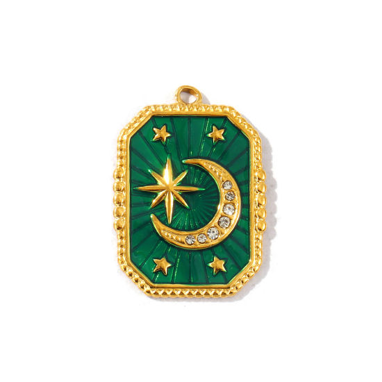 Picture of 2 PCs Eco-friendly PVD Waterproof Anti-Tarnish Hypoallergenic 304 Stainless Steel Galaxy Charms Wholesale 18K Real Gold Plated Green Enamel Octagon Moon Clear Rhinestone 29mm x 20.5mm