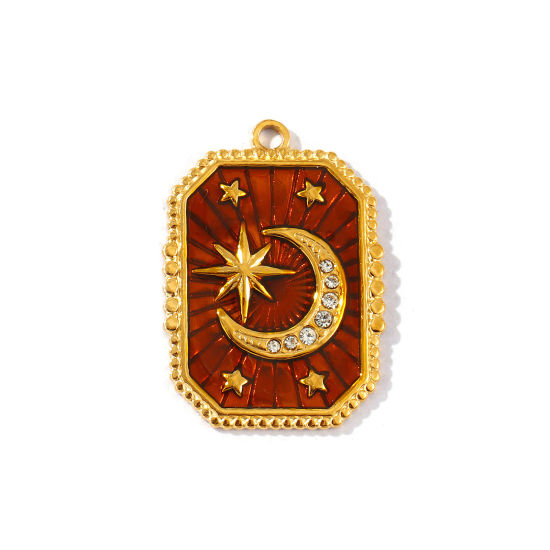 Picture of 2 PCs Eco-friendly PVD Waterproof Anti-Tarnish Hypoallergenic 304 Stainless Steel Galaxy Charms Wholesale 18K Real Gold Plated Brown Enamel Octagon Moon Clear Rhinestone 29mm x 20.5mm