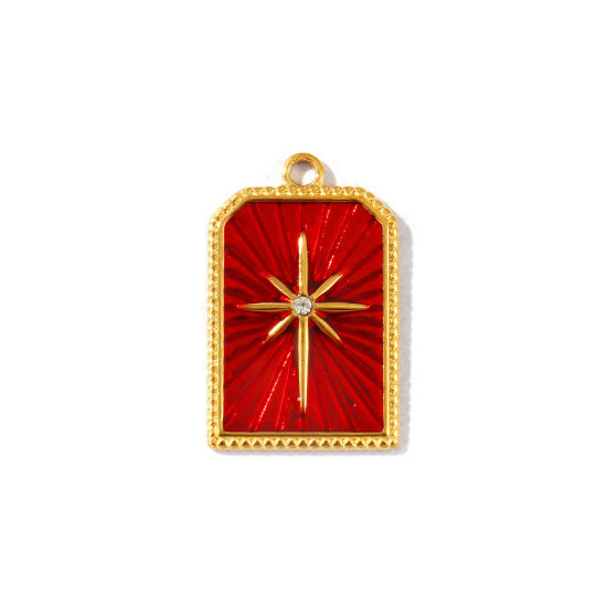 Picture of 2 PCs Eco-friendly PVD Waterproof Anti-Tarnish Hypoallergenic 304 Stainless Steel Galaxy Charms Wholesale 18K Real Gold Plated Red Enamel Hexagon Star Clear Rhinestone 25mm x 16mm