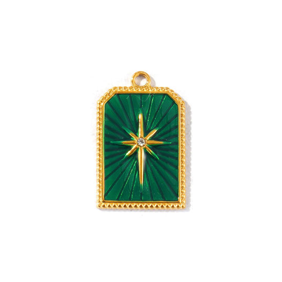 Picture of 2 PCs Eco-friendly PVD Waterproof Anti-Tarnish Hypoallergenic 304 Stainless Steel Galaxy Charms Wholesale 18K Real Gold Plated Green Enamel Hexagon Star Clear Rhinestone 25mm x 16mm