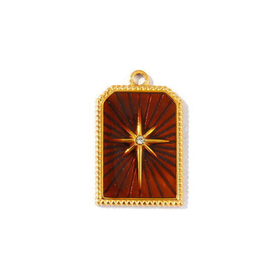 Picture of 2 PCs Eco-friendly PVD Waterproof Anti-Tarnish Hypoallergenic 304 Stainless Steel Galaxy Charms Wholesale 18K Real Gold Plated Brown Enamel Hexagon Star Clear Rhinestone 25mm x 16mm