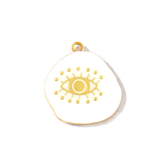 Picture of 2 PCs Eco-friendly PVD Waterproof Anti-Tarnish Hypoallergenic 304 Stainless Steel Religious Pendants Wholesale 18K Real Gold Plated White Enamel Eye of Providence/ All-seeing Eye 3.2cm x 2.9cm