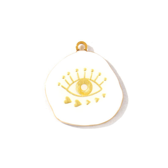 Picture of 2 PCs Eco-friendly PVD Waterproof Anti-Tarnish Hypoallergenic 304 Stainless Steel Religious Pendants Wholesale 18K Real Gold Plated White Enamel Eye of Providence/ All-seeing Eye 3.2cm x 2.9cm
