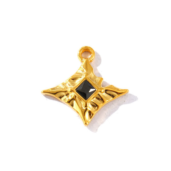 Picture of 2 PCs Eco-friendly PVD Waterproof Anti-Tarnish Hypoallergenic 304 Stainless Steel Charms Wholesale 18K Real Gold Plated Rhombus Black Rhinestone 25mm x 23mm