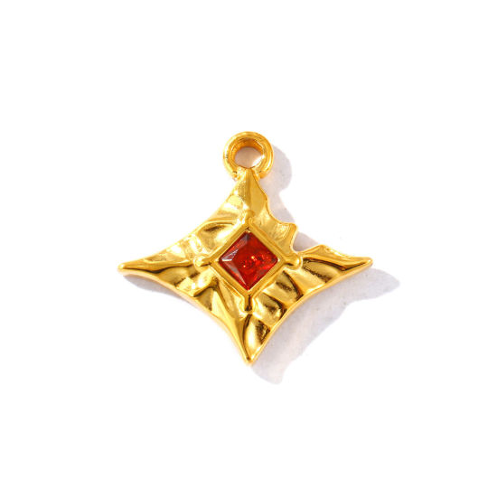 Picture of 2 PCs Eco-friendly PVD Waterproof Anti-Tarnish Hypoallergenic 304 Stainless Steel Charms Wholesale 18K Real Gold Plated Rhombus Orange-red Rhinestone 25mm x 23mm