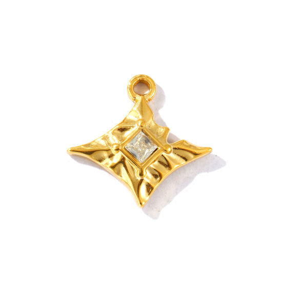 Picture of 2 PCs Eco-friendly PVD Waterproof Anti-Tarnish Hypoallergenic 304 Stainless Steel Charms Wholesale 18K Real Gold Plated Rhombus Clear Rhinestone 25mm x 23mm