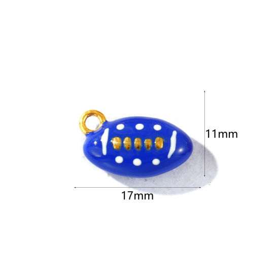 Picture of 2 PCs Eco-friendly PVD Waterproof Anti-Tarnish Hypoallergenic 304 Stainless Steel Sport Charms Wholesale 18K Real Gold Plated Dark Blue Enamel Football 3D 17mm x 11mm