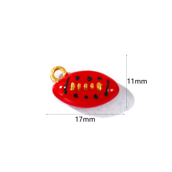 Picture of 2 PCs Eco-friendly PVD Waterproof Anti-Tarnish Hypoallergenic 304 Stainless Steel Sport Charms Wholesale 18K Real Gold Plated Red Enamel Football 3D 17mm x 11mm