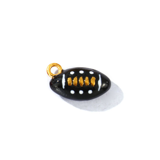 Picture of 2 PCs Eco-friendly PVD Waterproof Anti-Tarnish Hypoallergenic 304 Stainless Steel Sport Charms Wholesale 18K Real Gold Plated Black Enamel Football 3D 17mm x 11mm