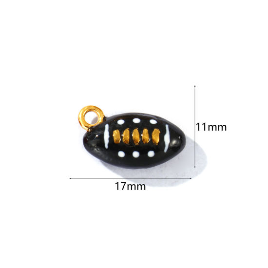 Picture of 2 PCs Eco-friendly PVD Waterproof Anti-Tarnish Hypoallergenic 304 Stainless Steel Sport Charms Wholesale 18K Real Gold Plated Black Enamel Football 3D 17mm x 11mm