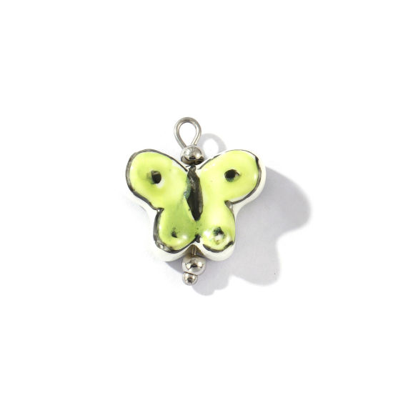 Picture of 2 PCs Eco-friendly 304 Stainless Steel & Resin Insect Charms Wholesale Silver Tone Green Butterfly Animal Painted 20mm x 17mm