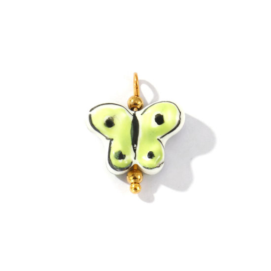 Picture of 2 PCs Eco-friendly PVD Waterproof Anti-Tarnish Hypoallergenic 304 Stainless Steel & Resin Insect Charms Wholesale 18K Real Gold Plated Green Butterfly Animal Painted 20mm x 17mm