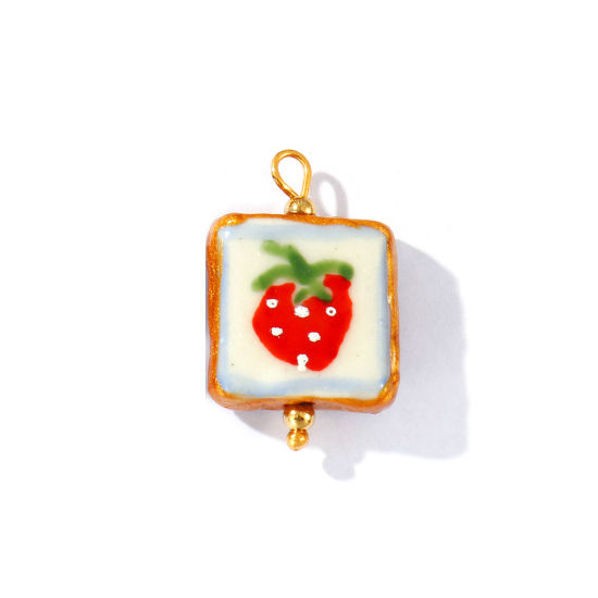 Picture of 2 PCs Eco-friendly PVD Waterproof Anti-Tarnish Hypoallergenic 304 Stainless Steel & Resin Charms Wholesale 18K Real Gold Plated Red Enamel Square Strawberry Fruit Painted 27mm x 16mm