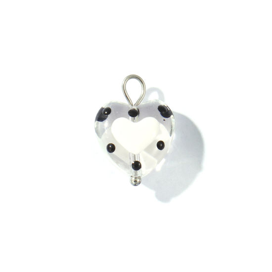 Picture of 2 PCs Eco-friendly 304 Stainless Steel & Resin Valentine's Day Charms Wholesale Silver Tone Black Enamel Heart 17mm x 12mm