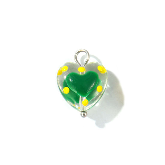 Picture of 2 PCs Eco-friendly 304 Stainless Steel & Resin Valentine's Day Charms Wholesale Silver Tone Green Enamel Heart 17mm x 12mm
