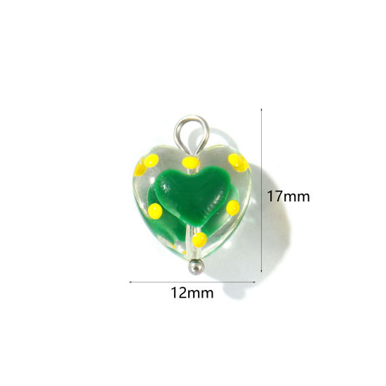 Picture of 2 PCs Eco-friendly 304 Stainless Steel & Resin Valentine's Day Charms Wholesale Silver Tone Green Enamel Heart 17mm x 12mm