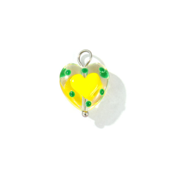 Picture of 2 PCs Eco-friendly 304 Stainless Steel & Resin Valentine's Day Charms Wholesale Silver Tone Yellow Enamel Heart 17mm x 12mm