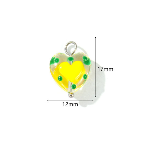Picture of 2 PCs Eco-friendly 304 Stainless Steel & Resin Valentine's Day Charms Wholesale Silver Tone Yellow Enamel Heart 17mm x 12mm