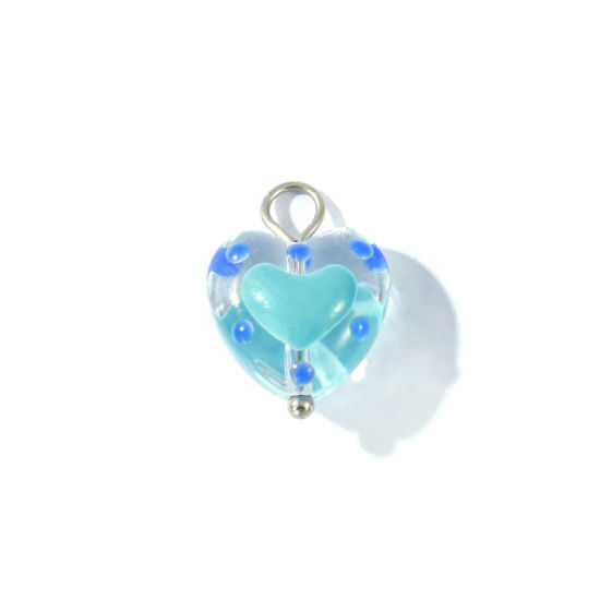 Picture of 2 PCs Eco-friendly 304 Stainless Steel & Resin Valentine's Day Charms Wholesale Silver Tone Green Blue Enamel Heart 17mm x 12mm