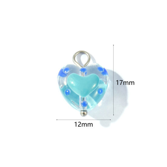 Picture of 2 PCs Eco-friendly 304 Stainless Steel & Resin Valentine's Day Charms Wholesale Silver Tone Green Blue Enamel Heart 17mm x 12mm