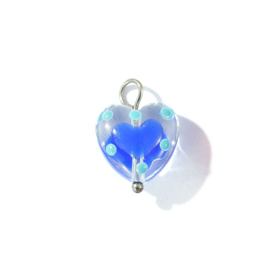 Picture of 2 PCs Eco-friendly 304 Stainless Steel & Resin Valentine's Day Charms Wholesale Silver Tone Dark Blue Enamel Heart 17mm x 12mm