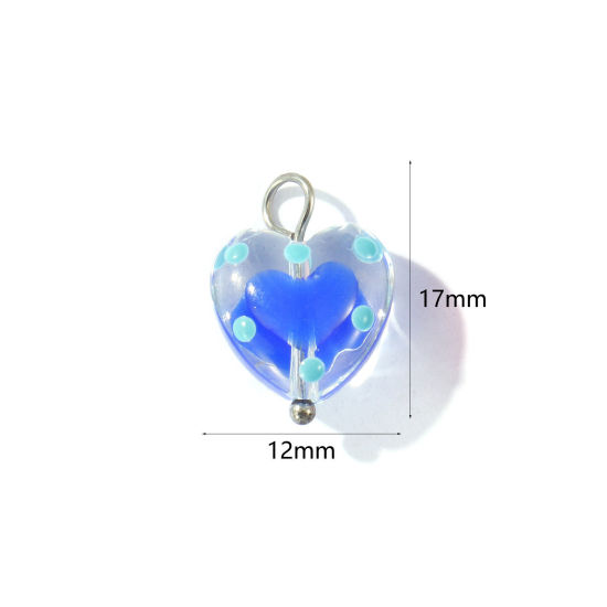 Picture of 2 PCs Eco-friendly 304 Stainless Steel & Resin Valentine's Day Charms Wholesale Silver Tone Dark Blue Enamel Heart 17mm x 12mm