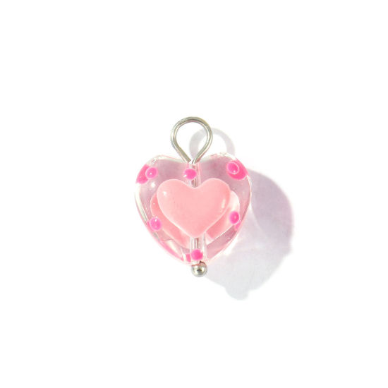 Picture of 2 PCs Eco-friendly 304 Stainless Steel & Resin Valentine's Day Charms Wholesale Silver Tone Light Pink Enamel Heart 17mm x 12mm