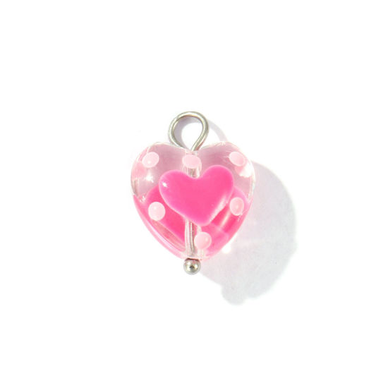 Picture of 2 PCs Eco-friendly 304 Stainless Steel & Resin Valentine's Day Charms Wholesale Silver Tone Hot Pink Enamel Heart 17mm x 12mm