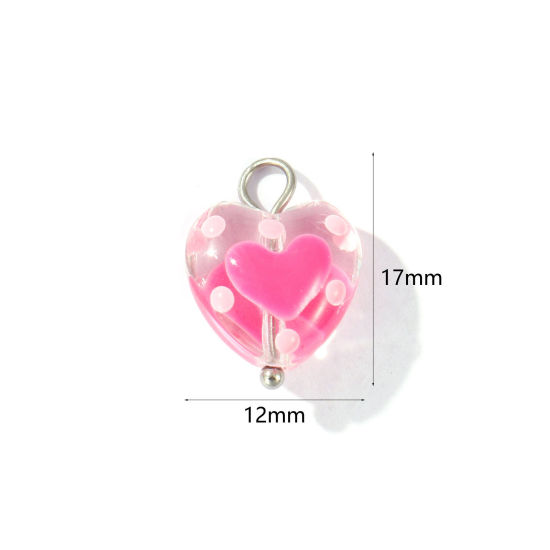 Picture of 2 PCs Eco-friendly 304 Stainless Steel & Resin Valentine's Day Charms Wholesale Silver Tone Hot Pink Enamel Heart 17mm x 12mm
