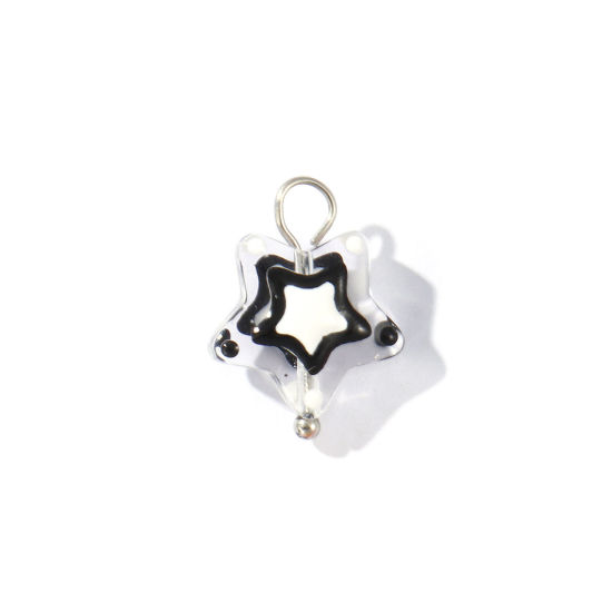 Picture of 2 PCs Eco-friendly 304 Stainless Steel & Resin Charms Wholesale Silver Tone Black Enamel Pentagram Star 17mm x 13mm